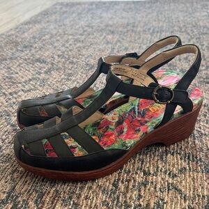 Alegria Black Leather Strappy Wedge Sandals Sz US 10/UK 41